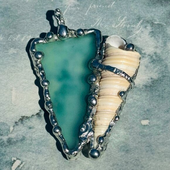Sea Glass and Conch Pendant Encased with Intricate Artisan Boho Style Metalwork - Picture 10 of 13
